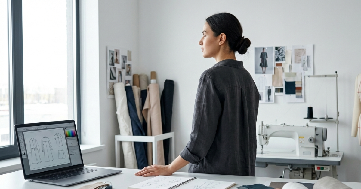 MUJER EN TALLER TEXTIL PENSANDO
