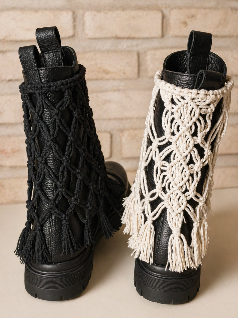 BOTAS CON AVIOS TEXTILES EN MACRAME Y CROCHET